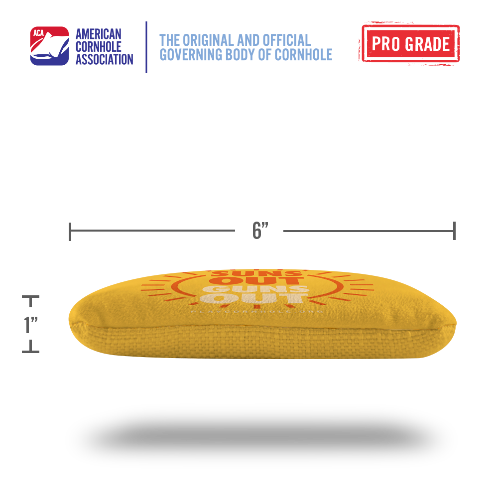 Yellow Suns Out Guns Out Synergy Pro Cornhole Bags for wholesale on Faire3