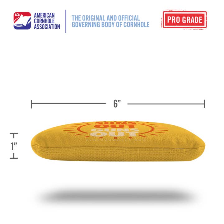 Yellow Suns Out Guns Out Synergy Pro Cornhole Bags for wholesale on Faire3