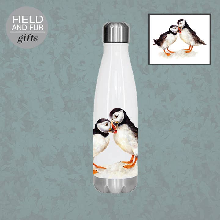 Kissing Puffins , insulated water bottle, keeps your drink for wholesale by Field and Fur Gifts