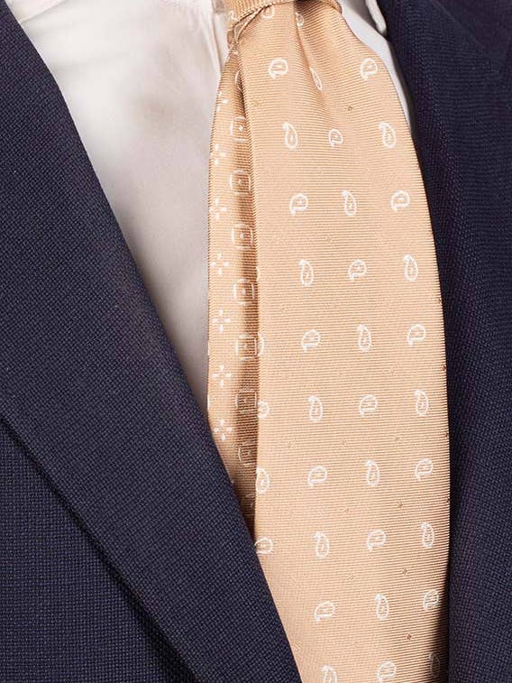 Gravata Bege Claro Paisley Branco Nó em Contraste Bege Medalhões Brancos N1230 por atacado de Graffeo Cravatte