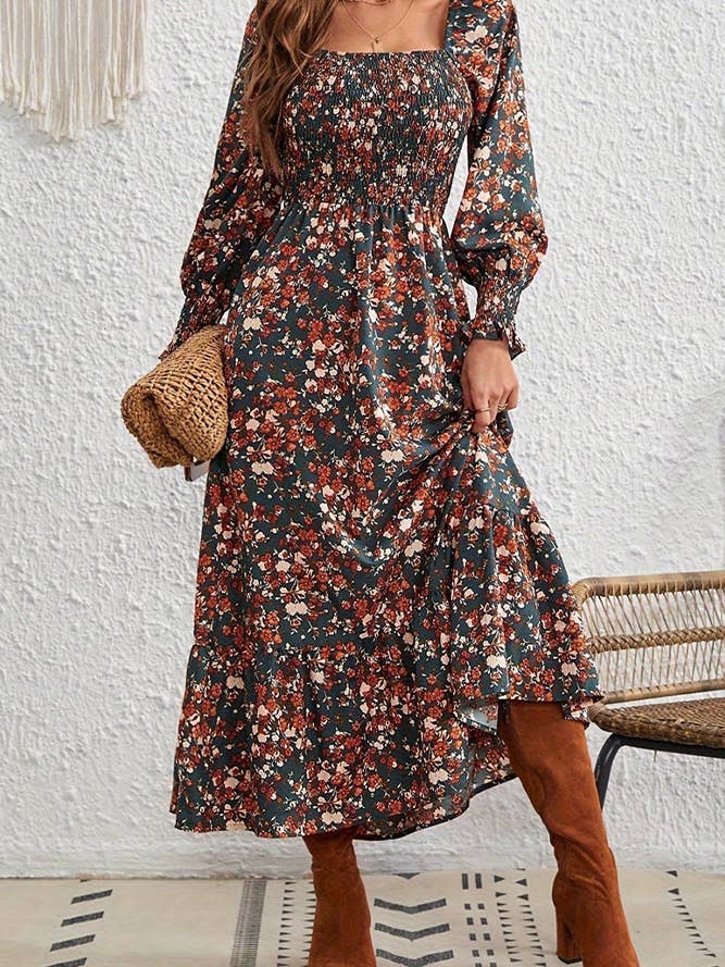Multi Floral Print Square Neck Long Sleeves Fall Dress for wholesale on Faire1