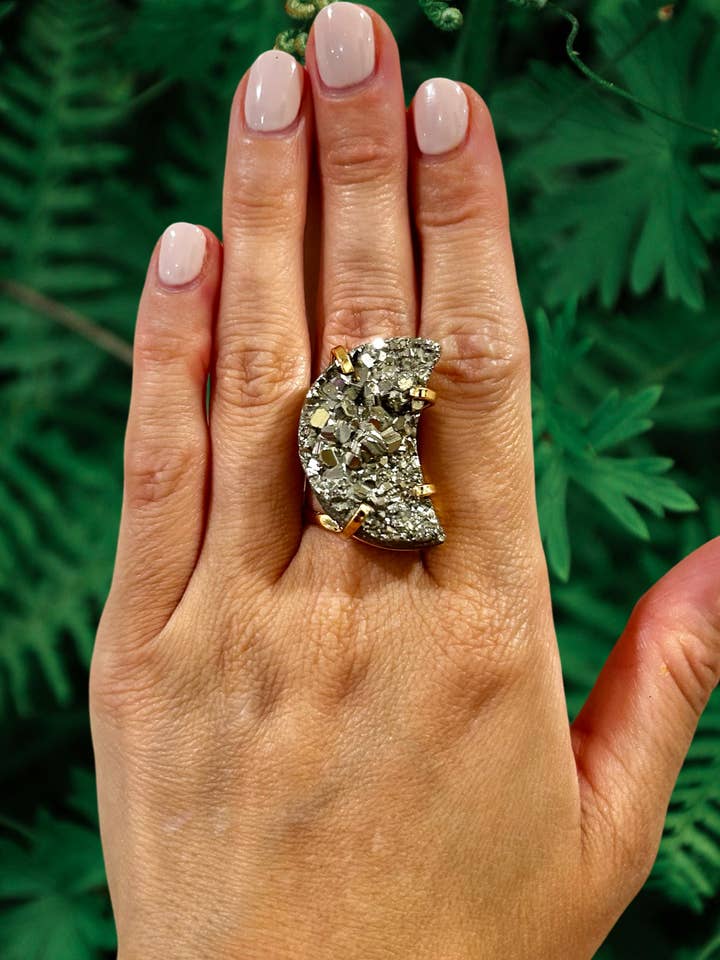 Moon-Shaped Pyrite Statement Ring — Genuine Natural Stone, 18K Gold Plated, Adjustable Band for wholesale by Aqua Brasil LLC