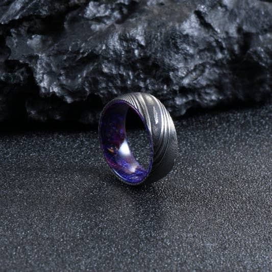 Damascus Steel Ring with Bold Purple Resin Interior – Unique Men’s Wedding Band for wholesale by RustyStudioUSA