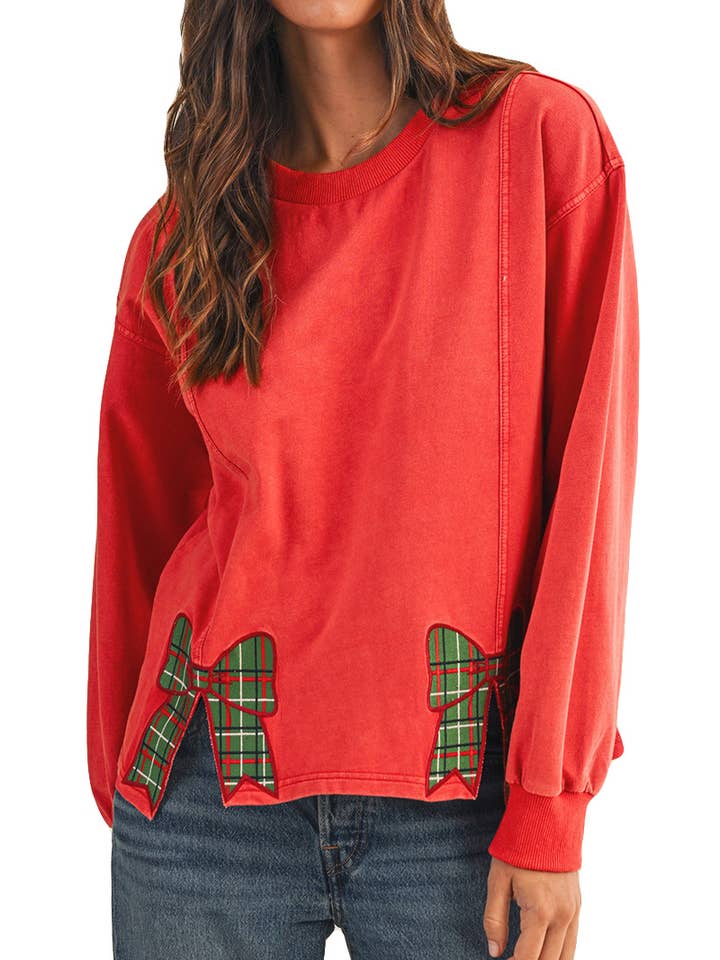 Christmas Plaid Bow Embroidered Slit Sweatshirt for wholesale by Vanilla Monkey