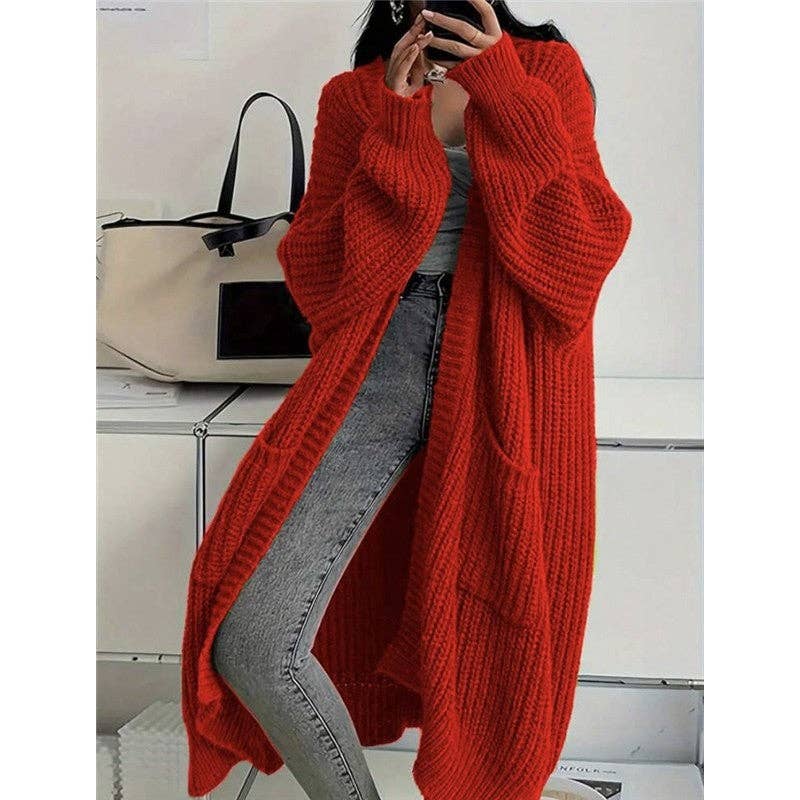 Plush Looks - Wholesale Cardigan - Women's - Thick Mid-Length Loose Knit Sweater Coat7