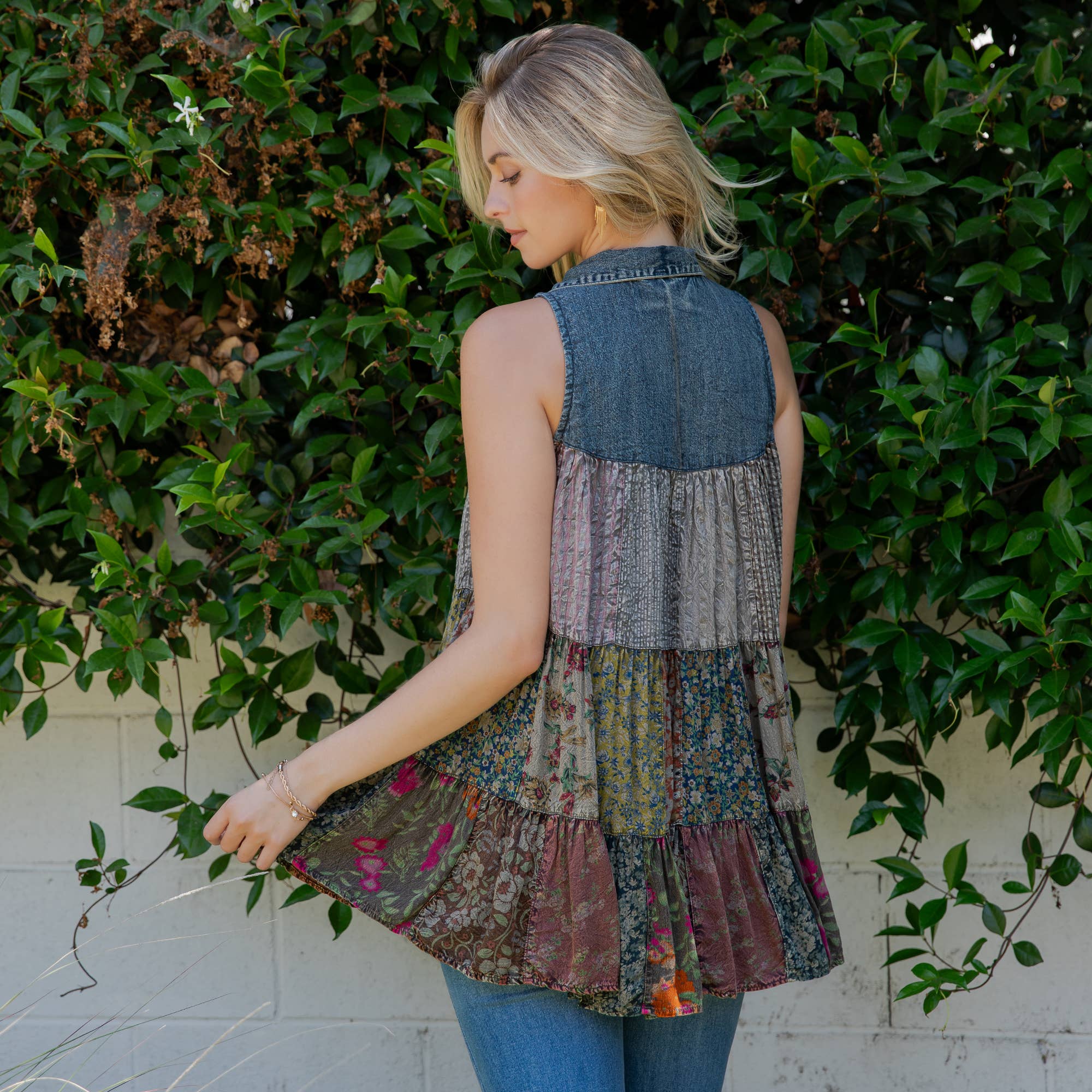 Young Threads - Wholesale Button Down Shirt - Women's - Boho Chic Nomad Patchwork Buttondown Top Sleevel (New Color)55