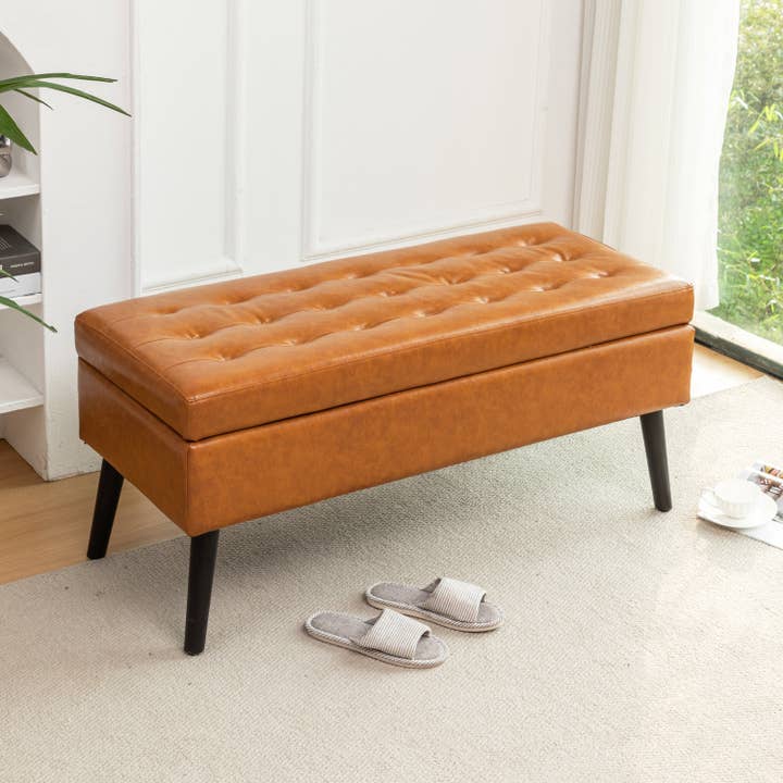 Brown PU Leather Storage Ottoman Bench 43.3in Wide for wholesale by 39F Inc.