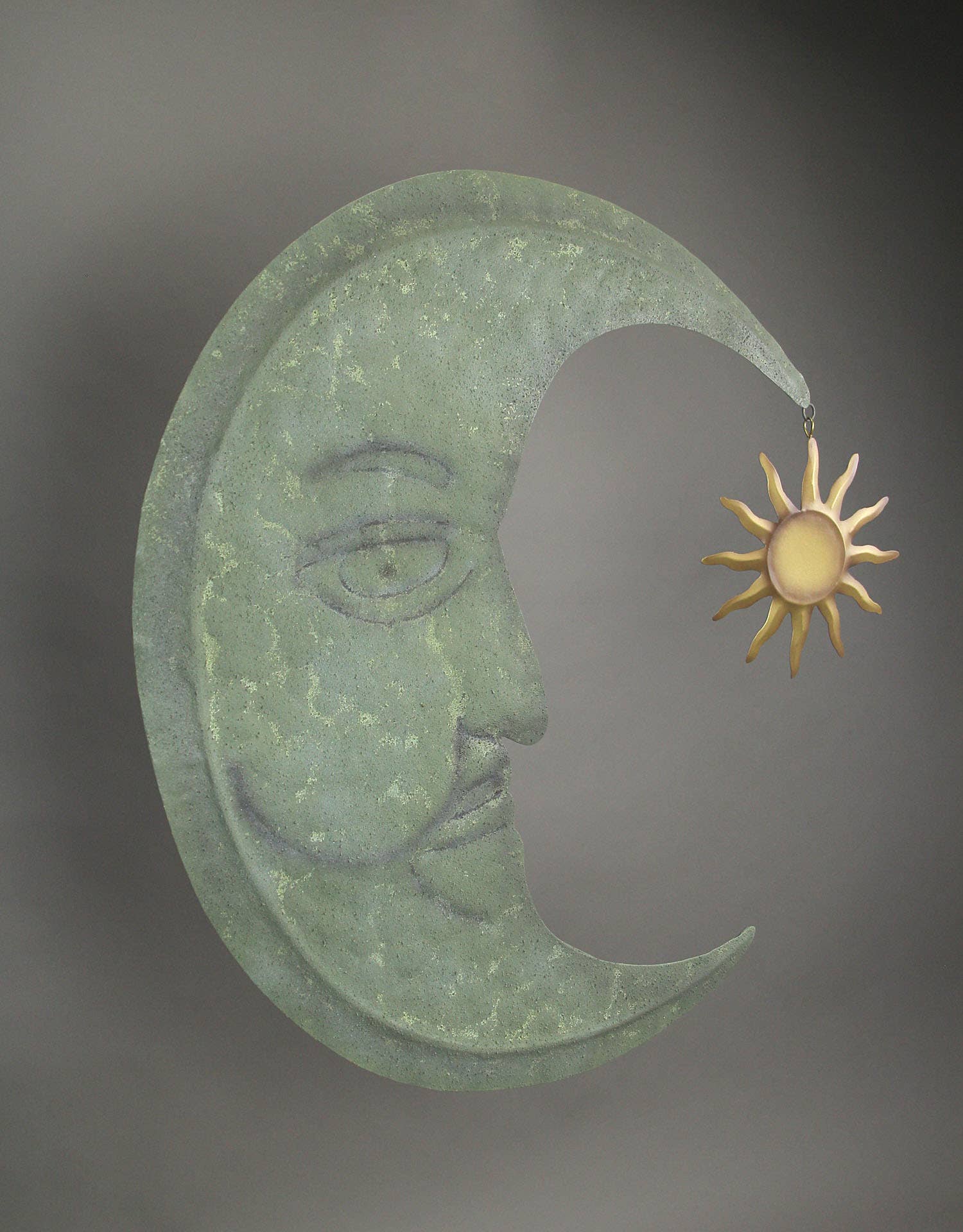 Zeckos - Wholesale Wall Accent - Verdigris Metal Crescent Moon Wall Hanging with Sun Dangler2