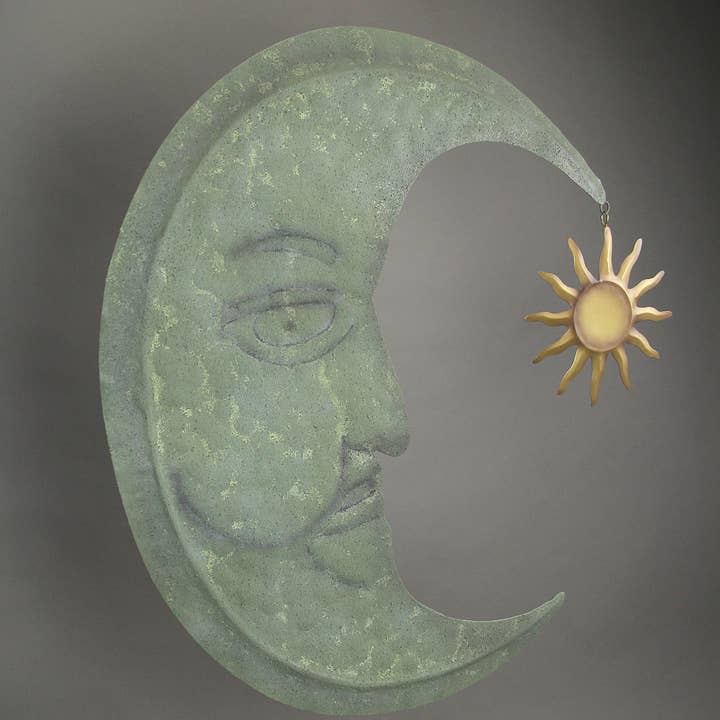 Zeckos - Wholesale Wall Accent - Verdigris Metal Crescent Moon Wall Hanging with Sun Dangler2