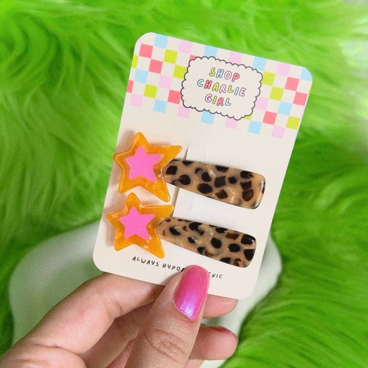 Y2k Pink + Orange Star Hair Clip Set for wholesale by Shop Charlie Girl
