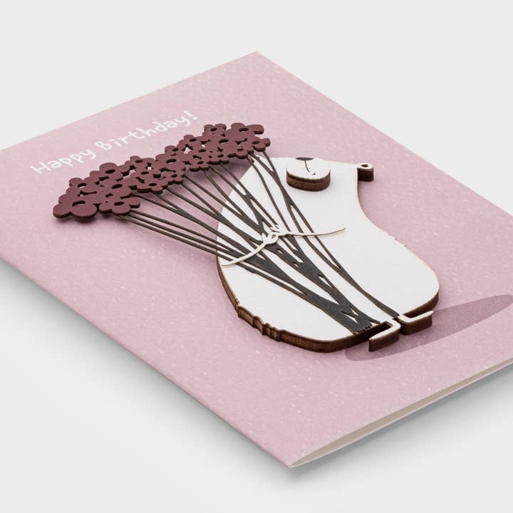 Wooden Bear Birthday Card with Flower Bouquet – 3D Handmade for wholesale by PESKOVOI