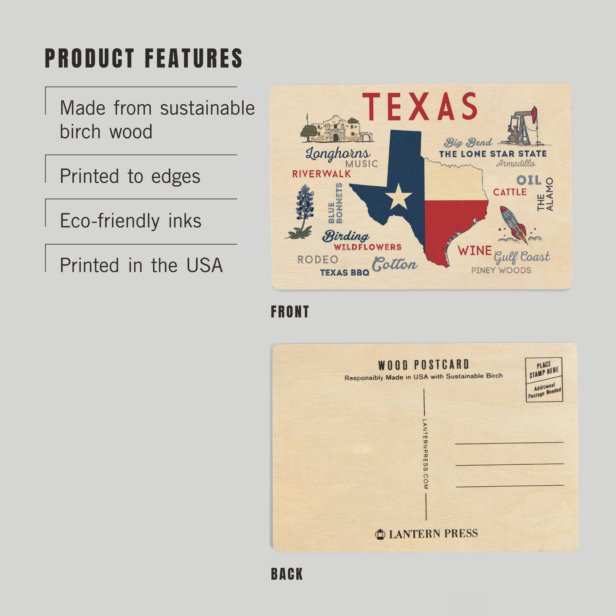 Lantern Press - Wholesale Postcard - WOOD POSTCARD Texas, Typography & Icons2