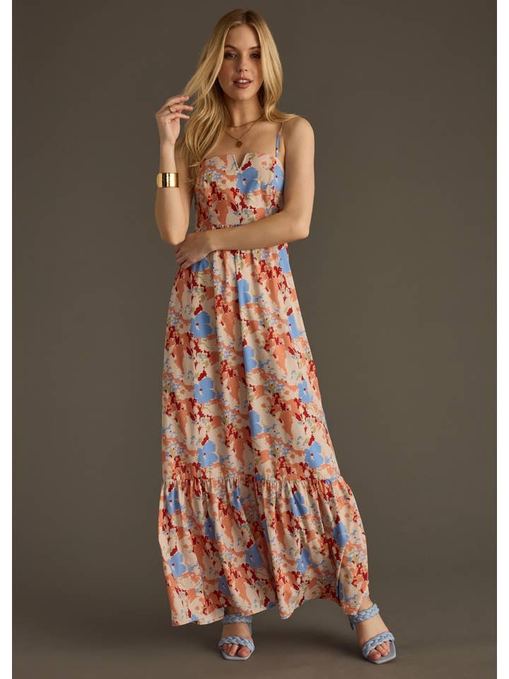 Panache Apparel Co. – Engroshandel Kjole - Dame – Orange & blå blomstret maxikjole