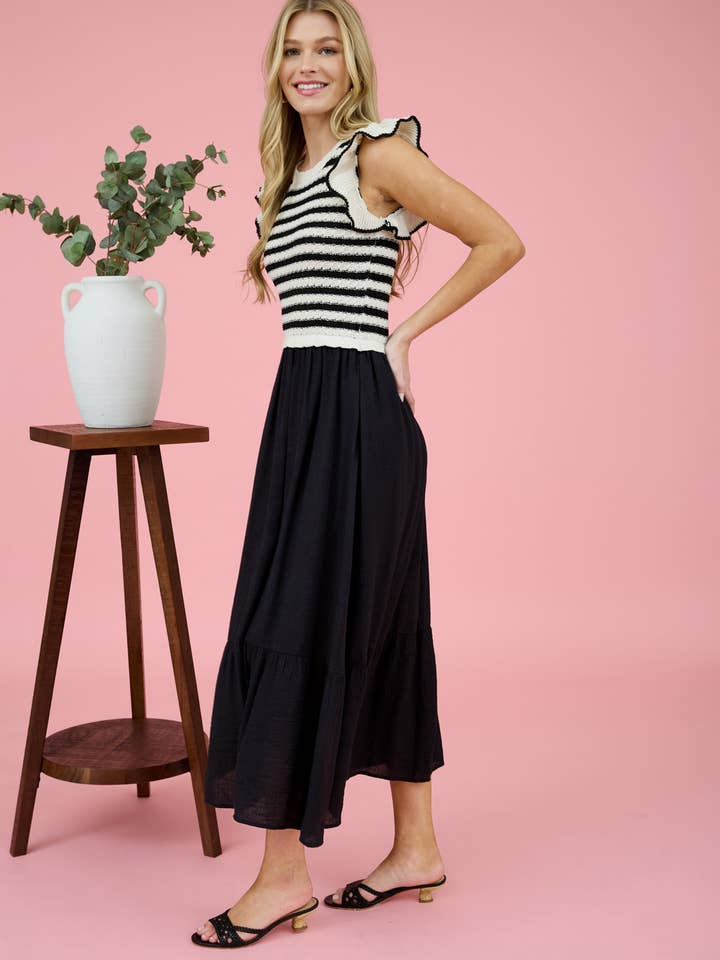 Blu Pepper - Wholesale Dress - Women's - STRIPE SWEATER TOP MIXED MEDIA MIDI DRESS