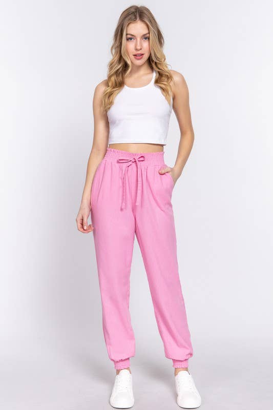 Vanilla Monkey – calças de treino - Mulher por atacado – Calças Jogger Cintura Fumada Linho7