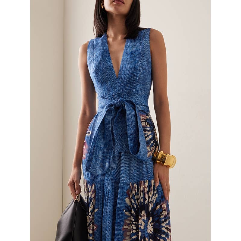 BLUE Stylish Shirley Printed Linen Plung Maxi Dress for wholesale on Faire4