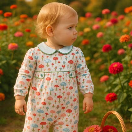 Fall Mushroom Print Baby Girl Romper for wholesale by Marco and Lizzy