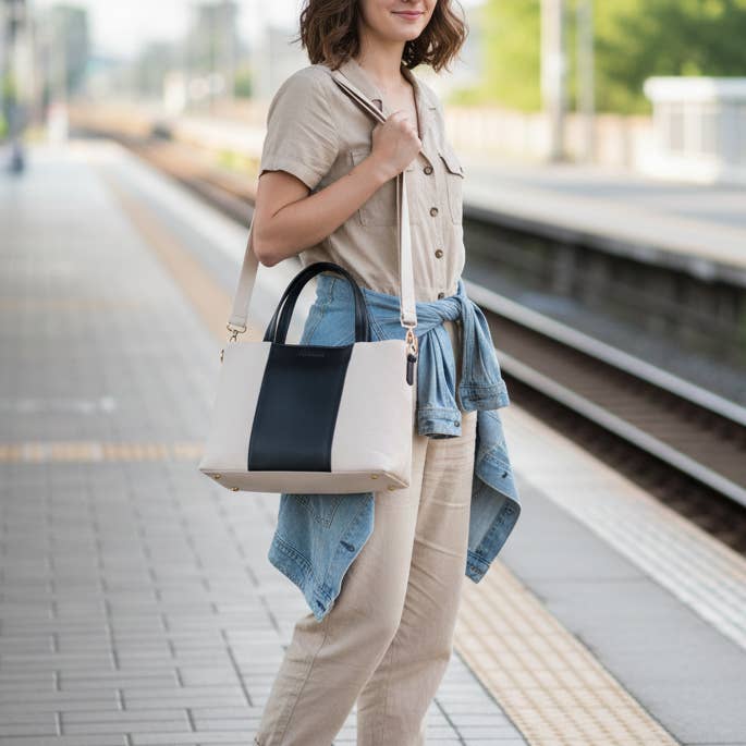 Alta Quero - Vente Tote bag – femme - Sac cabas, cuir beige et noir, quotidien0