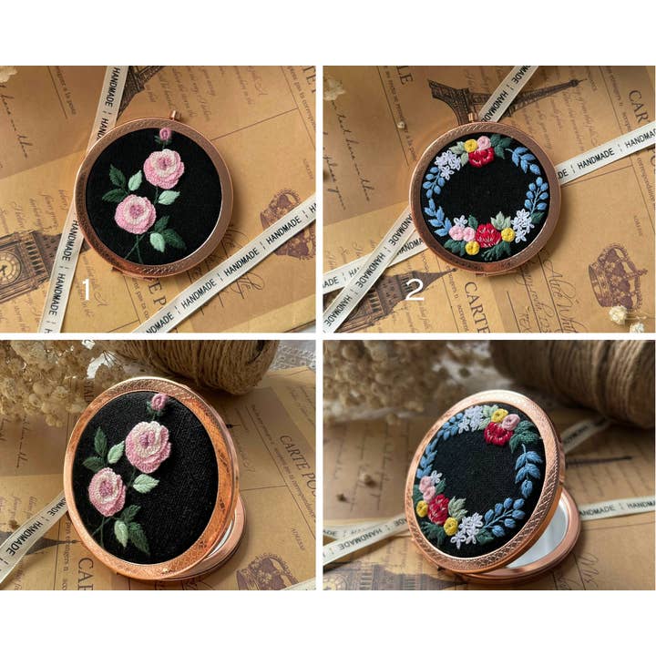 Maple Dream Store – wholesale Compact mirror – Vintage Floral Hand Embroidered Pocket Mirror - Wedding
