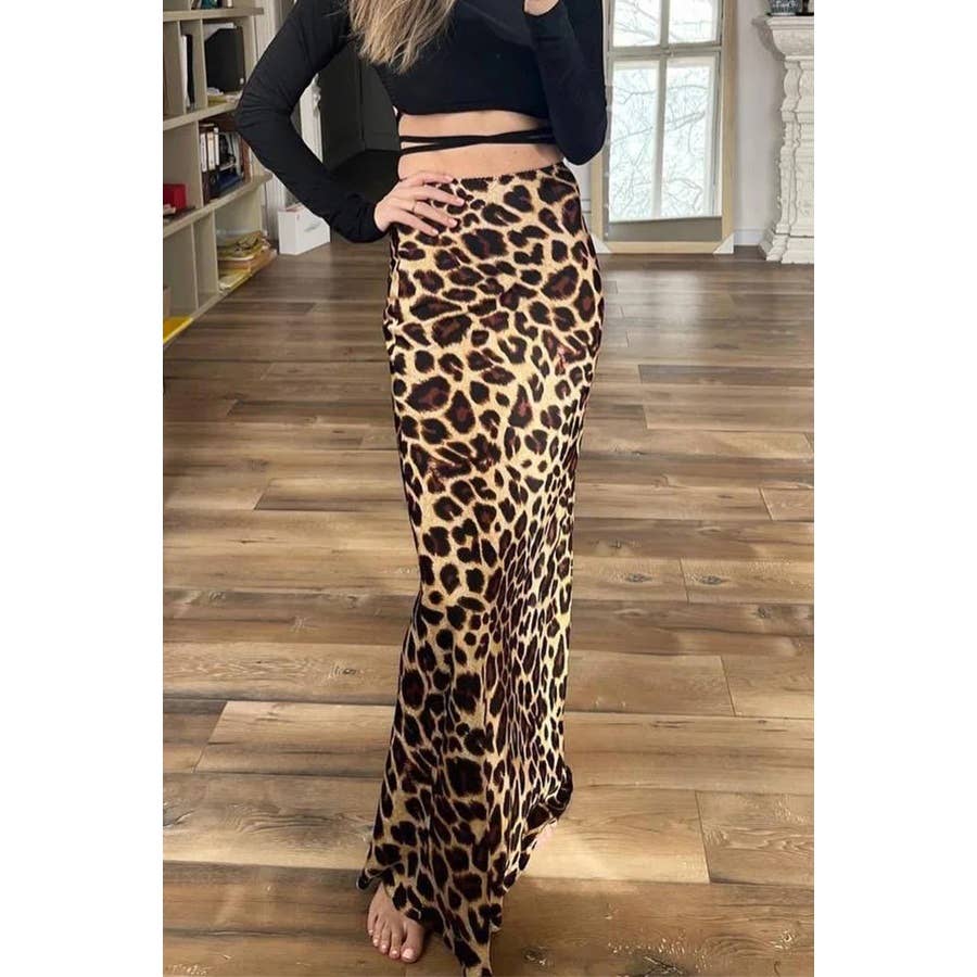 Paperdoll - Wholesale Skirt - Women's - Vintage Leopard Print Satin High Waist Midi Skirt 1