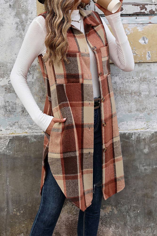 Orange Sleeveless Plaid Long Vest Coat BFZY1150 for wholesale on Faire2
