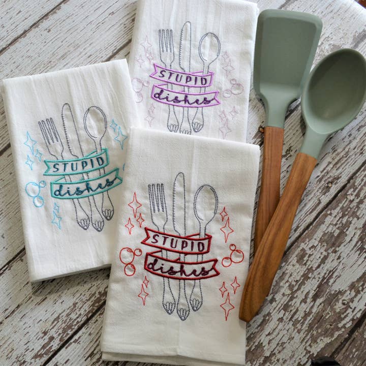 SewMuchMoreStore - Wholesale Tea Towel - CLEARANCE - Stupid Dishes Tea Towel, Embroidered Floursack11
