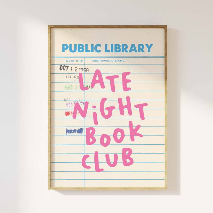 Late Night Book Club Library Card Print for wholesale by April Lane Art