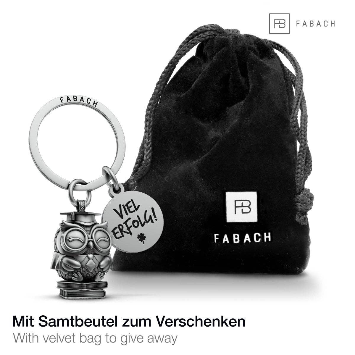 FABACH – Die Schlüsselanhänger-Schmiede - Wholesale Keychain - Unisex - Good luck keychain with owl and engraving "Good luck" - Good luck charm for graduation - Good luck exam1