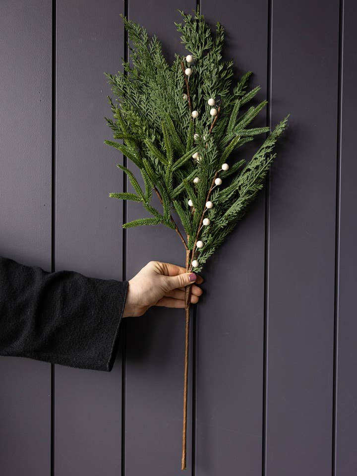 White Plum Berry Norfolk Cypress Real Touch Stems for wholesale by Luxe B Co