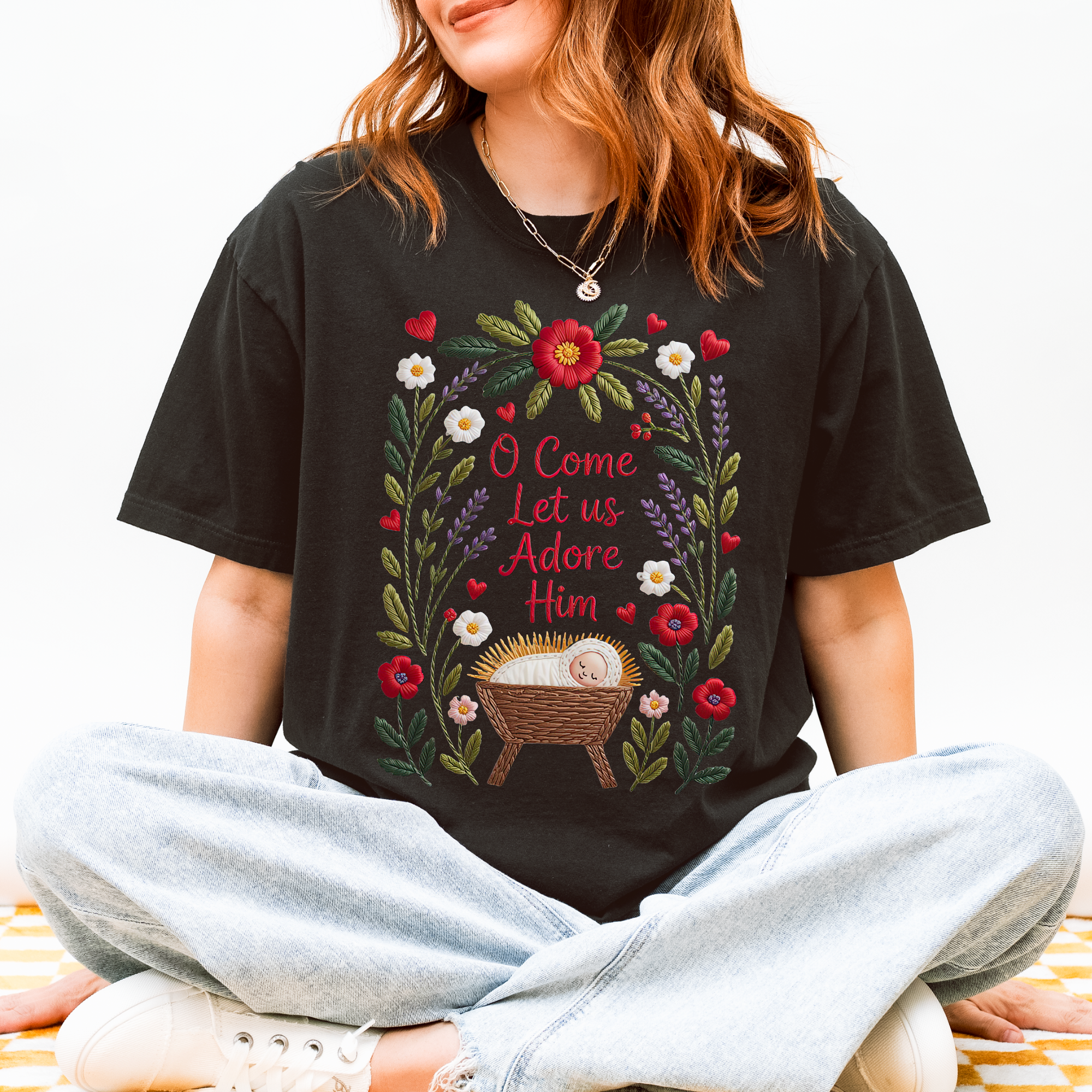 Scripted Pearl - Wholesale T-Shirt (Graphic) - Women's - O Come Let Us Adore Him Comfort Colors Christmas T Shirt5