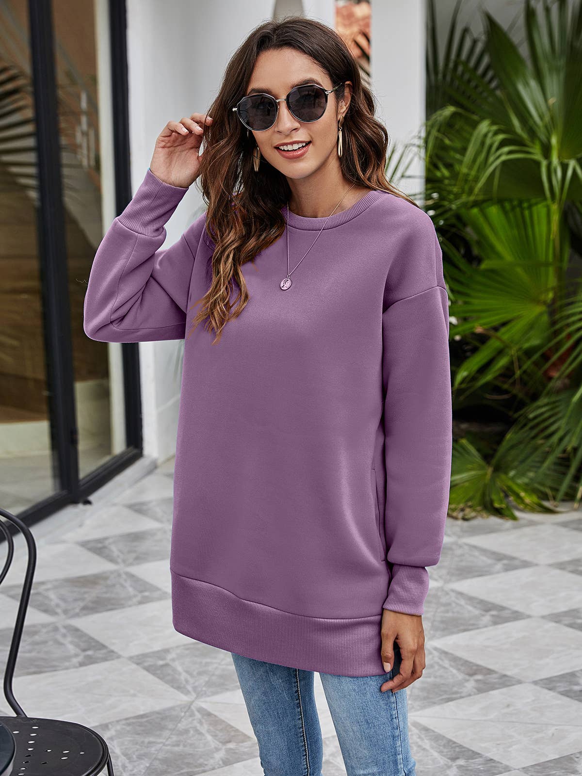 Lily Clothing - Wholesale Hoodie - Women's - ROUND NECKLINE POCKET LONG CASUAL LOOSE HOODIE1