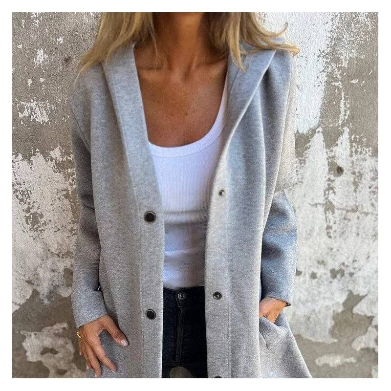 UZ Wholesale Store – Blusão - Mulher por atacado – Casaco de tricô casual com capuz e abotoamento simples em cor sólida8