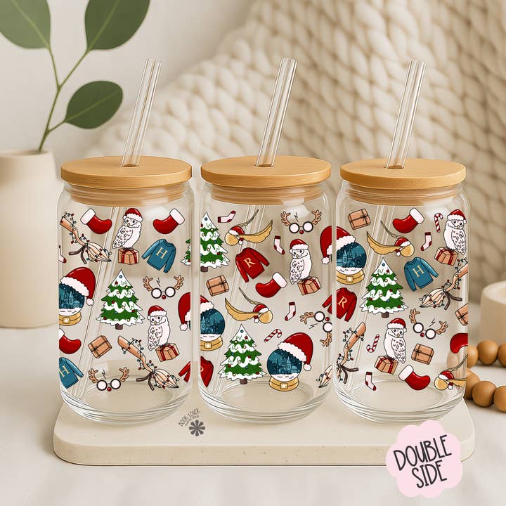 Book Lover Merch Shop - Wholesale Bottle and Shot Glass Display - Magic Christmas 16 OZ Glass Can UV DTF WRAP / Bookish Mug5