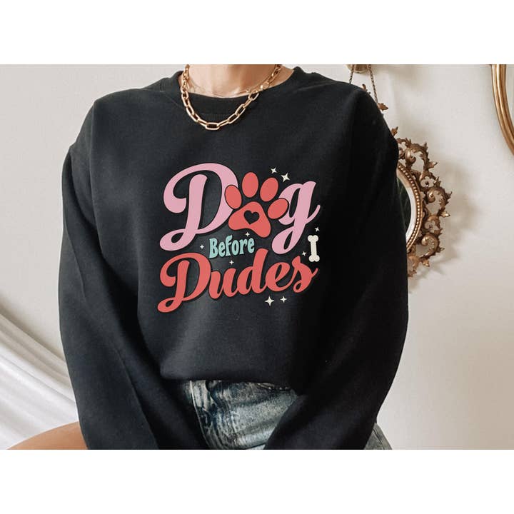 Retro Dogs Before Dudes Valentines Day Sweatshirt, Dog Mom Gift Sweatshirt, Dog Lover Valentines Day Gift Crewneck Sweatshirt for wholesale by Dog Mom Apparel
