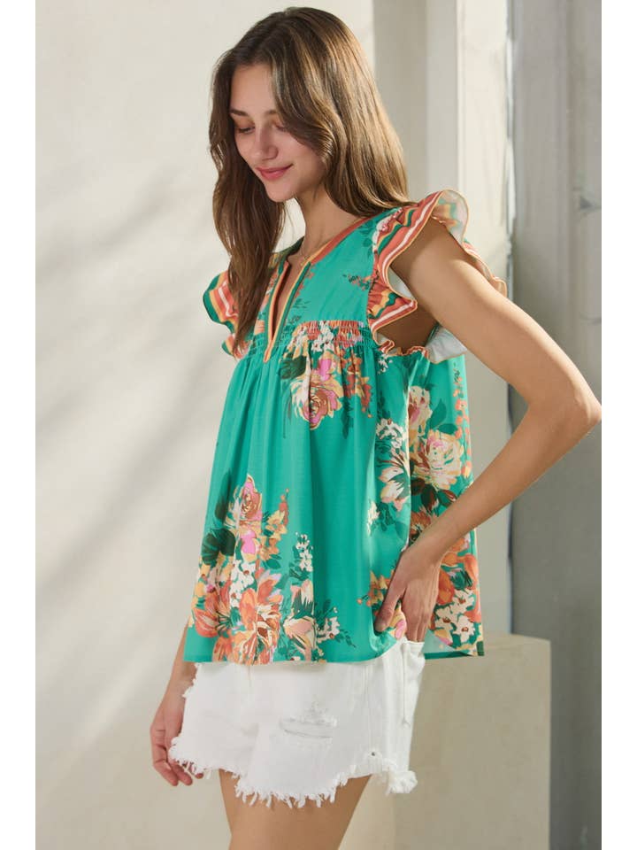Turquoise Multi Floral Printed Blouse for wholesale on Faire