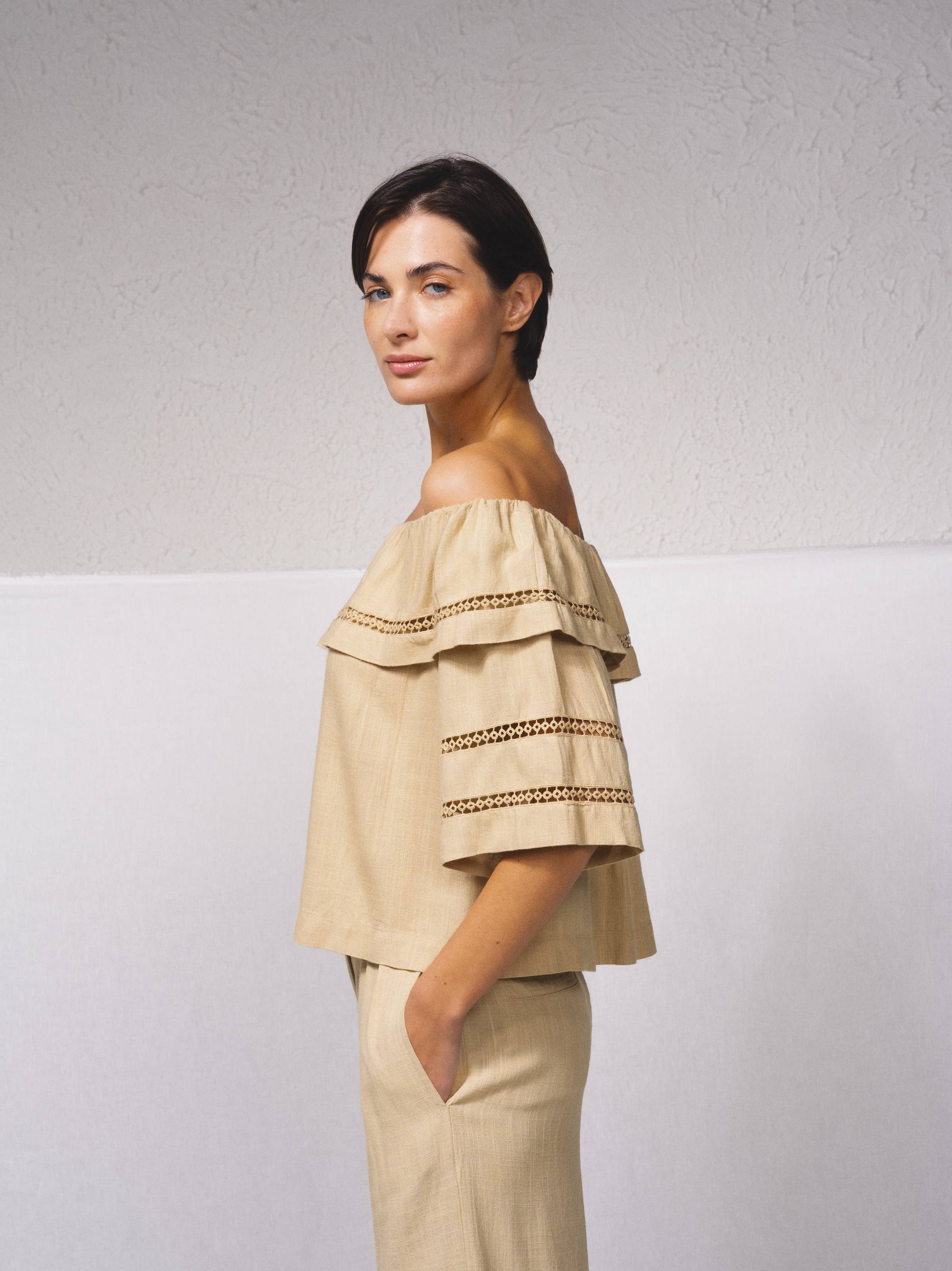 SMF - Vente Chemisier – femme - Tunique bandeau en mélange de lin avec broderies2