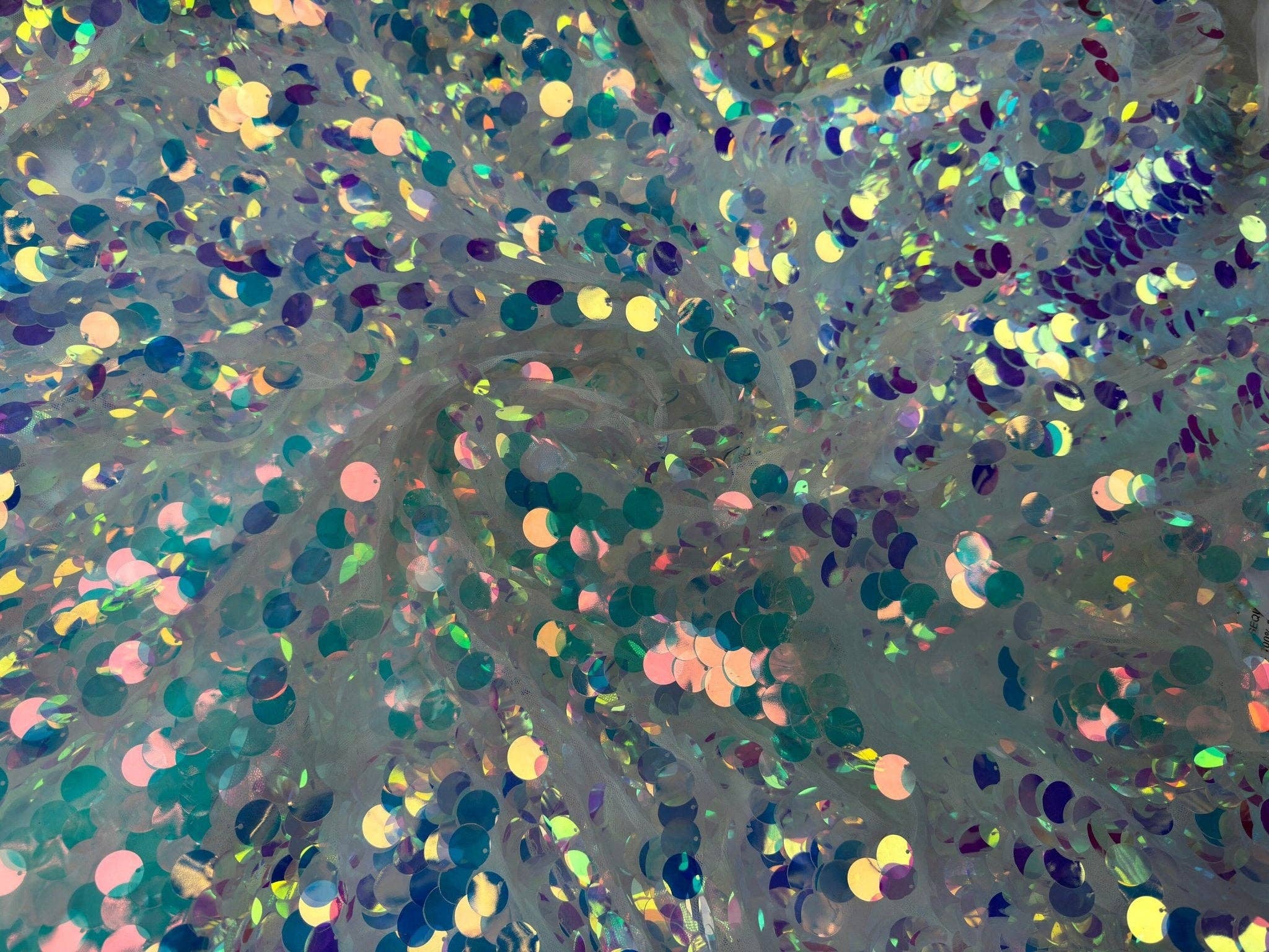 GalaTextile - Wholesale Fabric - Iridescent Coin Sequin on White Mesh Fabric by Yard Jumbo Paillette Sequins on Mesh Material for Event Decoration, Backdrops, Bridal Fabric8