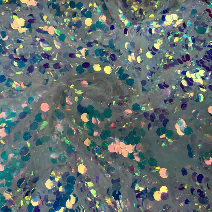 GalaTextile - Wholesale Fabric - Iridescent Coin Sequin on White Mesh Fabric by Yard Jumbo Paillette Sequins on Mesh Material for Event Decoration, Backdrops, Bridal Fabric8