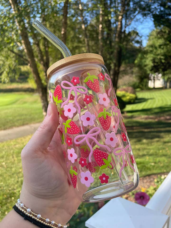 Strawberries and Pink Bows Cute Glass Cup with Bamboo Lid and Glass Straw for wholesale by DesignedbyKendal