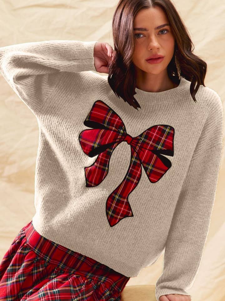 IVE - Wholesale Knit Sweater - Women's - Checker Plaid Ribbon Christmas Holiday Sweater Top17