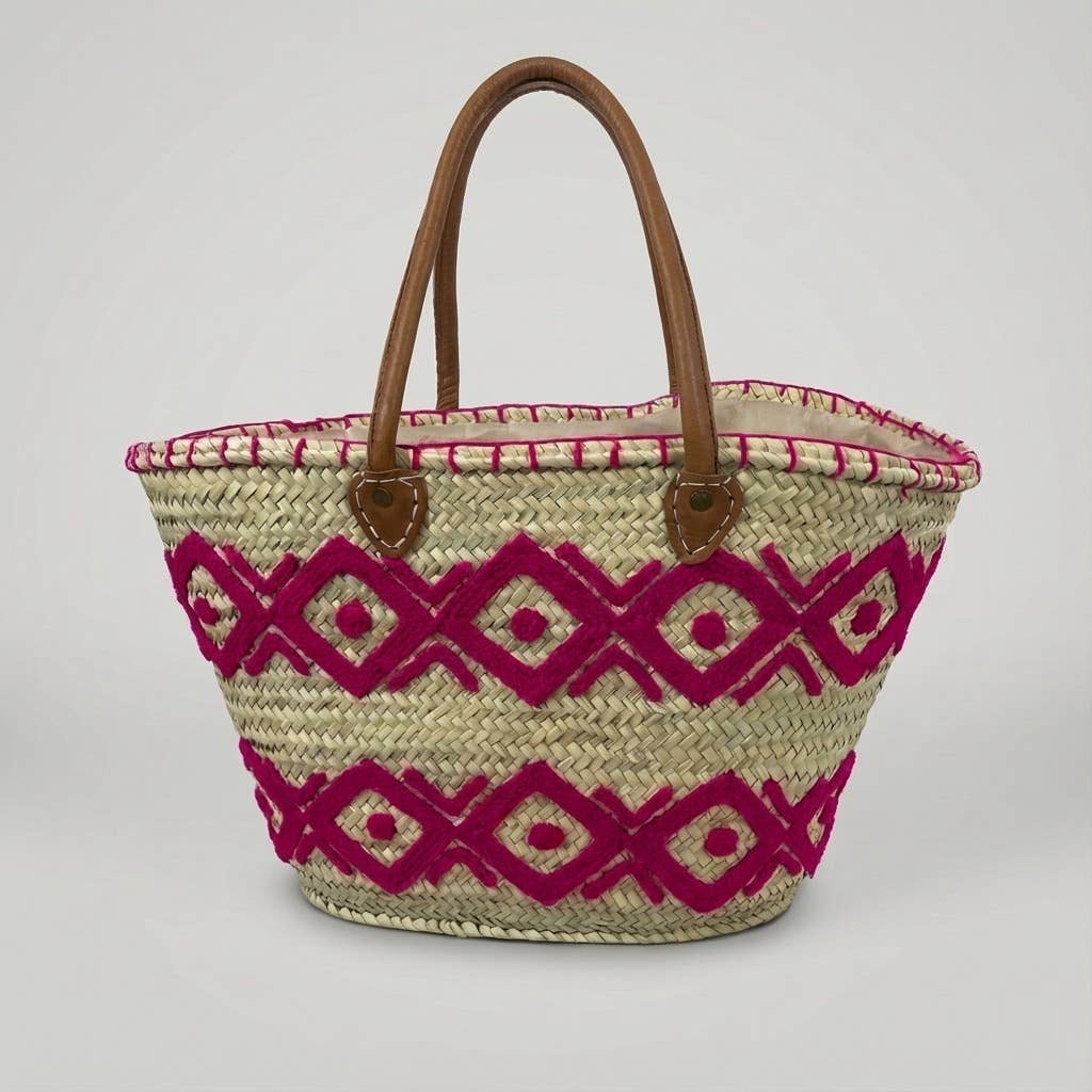 Melecraft - Vente Paniers - Cabas de marché en paille brodé d'arabesques avec poignées en cuir12