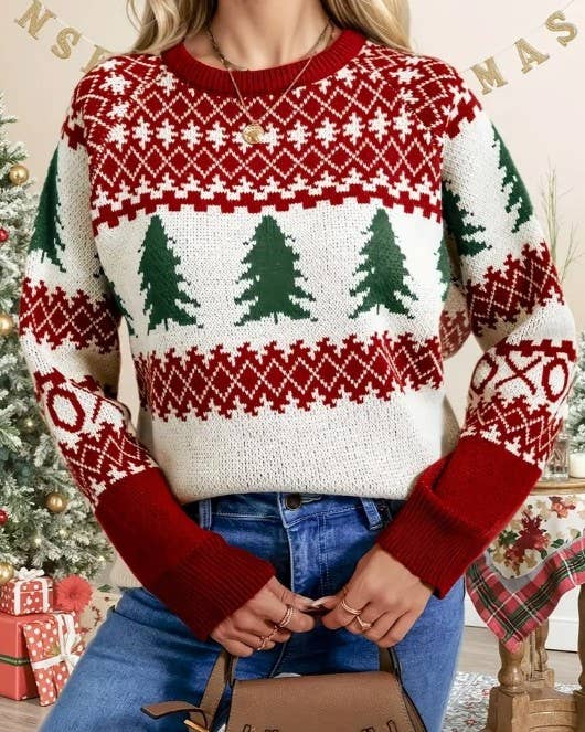 Red Christmas Tree Argyle-Patterned Crew Neck Knitted Sweater for wholesale on Faire3