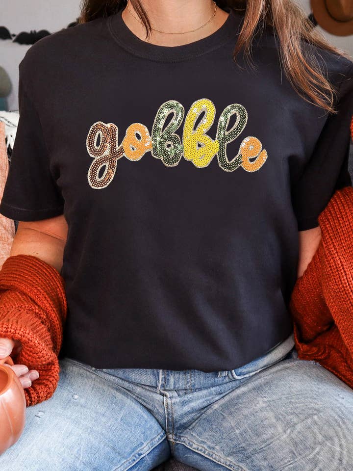 Black Sequin Gobble Graphic Thanksgiving T Shirt for wholesale on Faire5