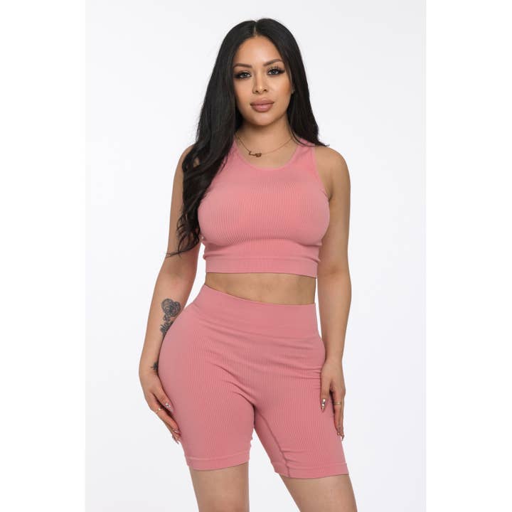 To Star - Wholesale Lounge Set - Women's - 2PC Seamless Ribbed Racerback Tank and Highwaist Short Set