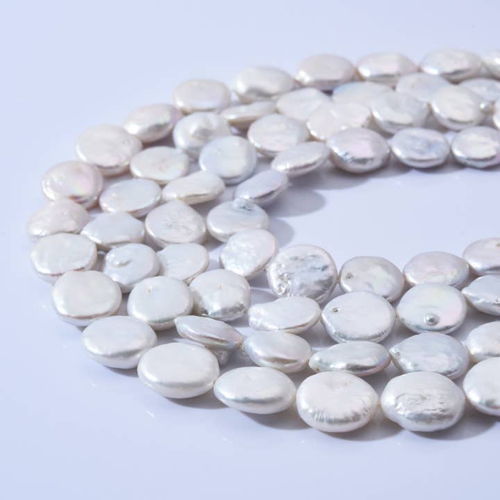 findings4uGem - Wholesale Beaded/Pearl Necklace - Natural Freshwater White Flat Coin Pearl Beads, FWP014
