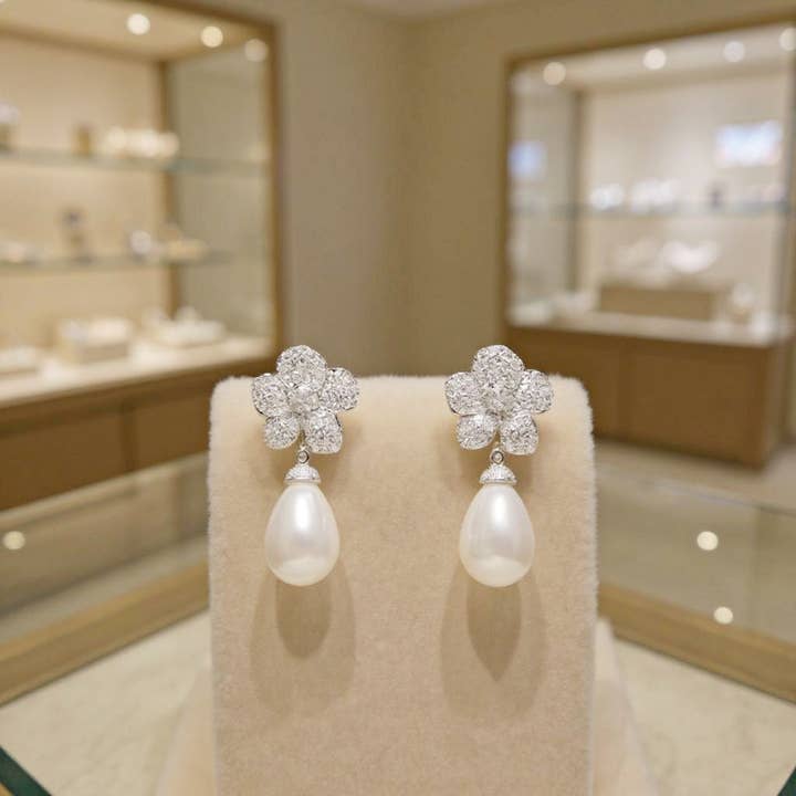 CZ COLLECTION - TIMELESS PEARL EARRINGS - CZER807 SILVER for wholesale by Athena Bridal Jewellery