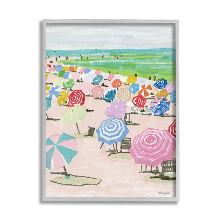 Stupell Industries - Wholesale Art Print - Pastel Umbrella Filled Beach Watercolor Landscape Framed