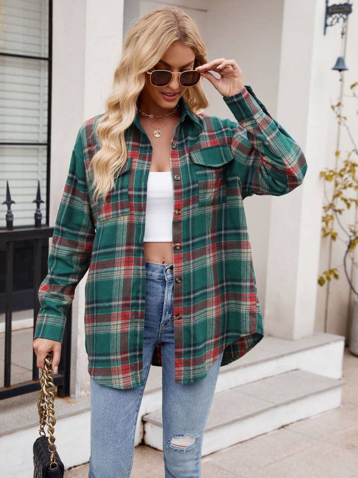 Suhkasana - Wholesale Button Down Shirt - Women's - Women’s Casual Plaid Shirt with Pockets Loose Fit Fashion Top4