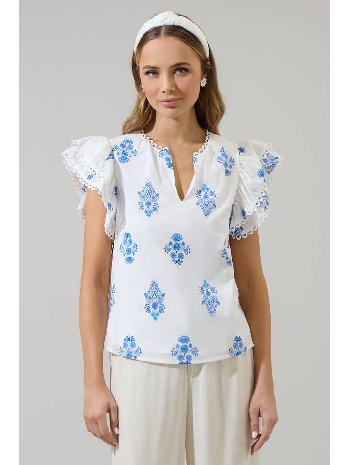 WHT BLUES Yila Floral Ema Ruffle Top for wholesale on Faire