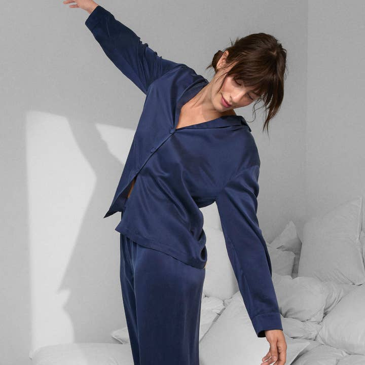 Deep Blue Washable Silk Long Sleeve Pant Set for wholesale on Faire4